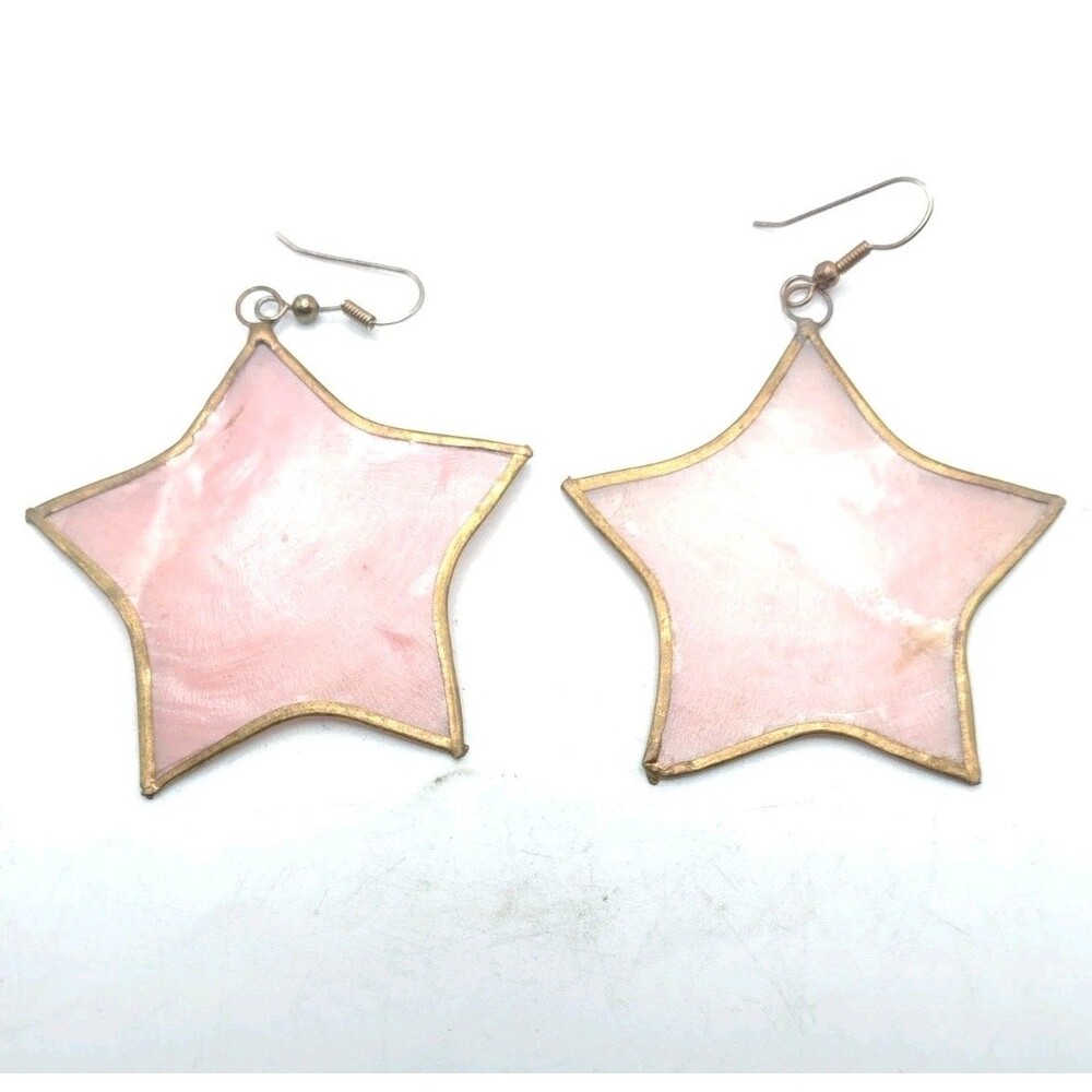 Capiz Shell Earrings Pink Stars Rimmed In Gold 2.5" Costal Beach Nautical
